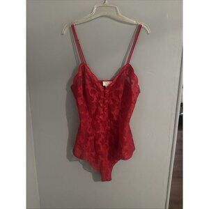 Vintage Victoria Secret Gold Label Teddy Bodysuit Red Button With Lace
